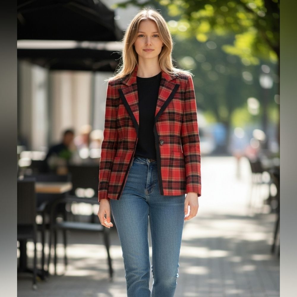 Rafaella Polyester and Wool Blend Red and Black Plaid Vintage Blazer Size 10